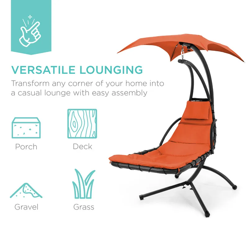 SUGIFT Hanging Curved Chaise Lounge Chair Swing for Backyard, Patio w/ Pillow, Canopy, Stand - Orange