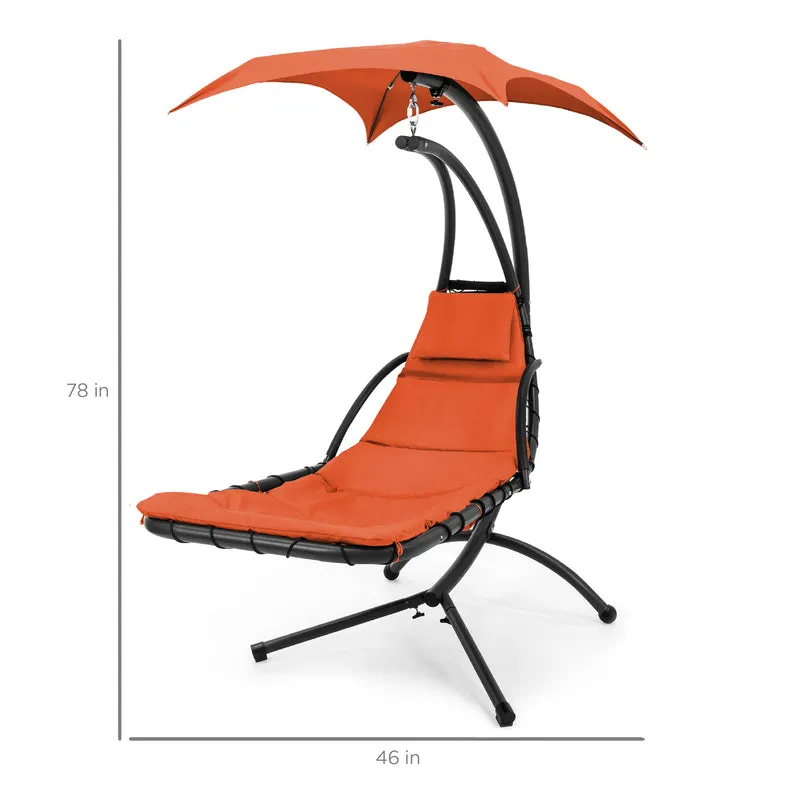 SUGIFT Hanging Curved Chaise Lounge Chair Swing for Backyard, Patio w/ Pillow, Canopy, Stand - Orange