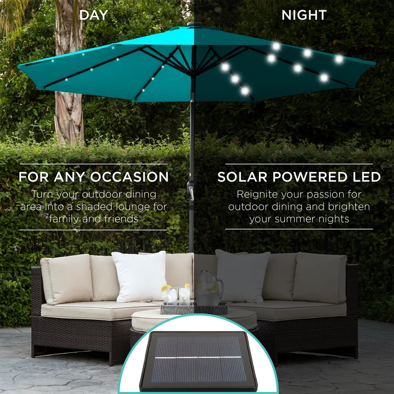 SUGIFT 10ft Solar LED Lighted Patio Umbrella w/ Tilt Adjustment, Fade-Resistant Fabric - Light Blue