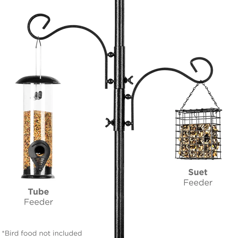 SUGIFT 91in 4-Hook Bird Feeding Station, Steel Multi-Feeder Stand w/ 2 Feeders, Tray, Bird Bath - Black