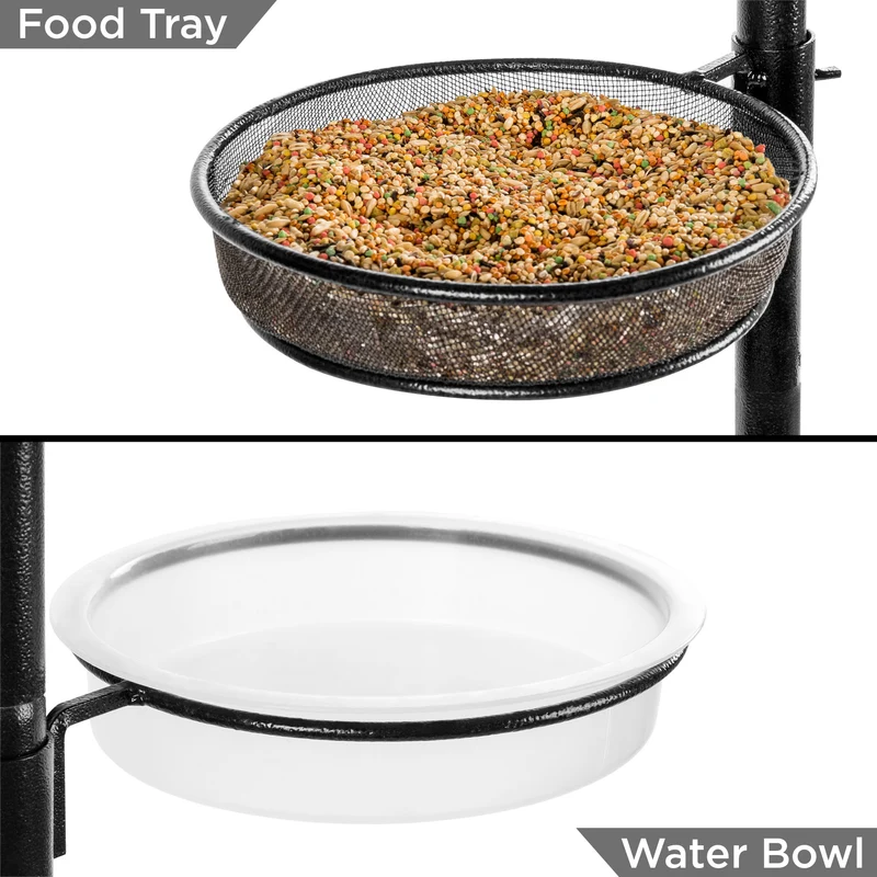 SUGIFT 91in 4-Hook Bird Feeding Station, Steel Multi-Feeder Stand w/ 2 Feeders, Tray, Bird Bath - Black