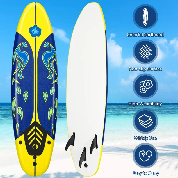 SKONYON 6Ft Premium Foam Surfboard with Removable Fins for All Levels of Surfing for Adults and Kids