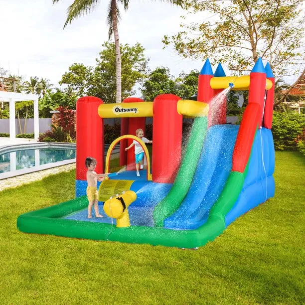 SUGIFT 6-in-1 Kids Inflatable House Jumping Castle with Slide, Water Pool, & Climbing Wall, Inflator Included