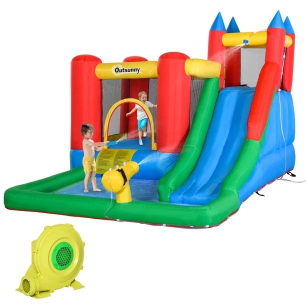SUGIFT 6-in-1 Kids Inflatable House Jumping Castle with Slide, Water Pool, & Climbing Wall, Inflator Included