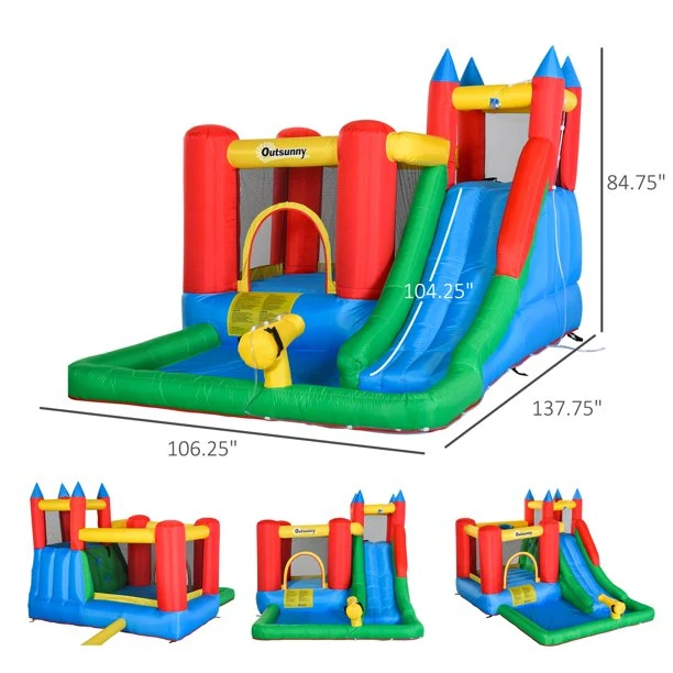 SUGIFT 6-in-1 Kids Inflatable House Jumping Castle with Slide, Water Pool, & Climbing Wall, Inflator Included