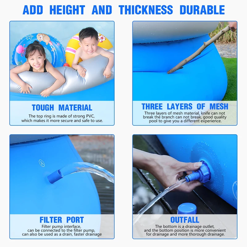 SUGIFT 8FT Inflatable Pool Full-Sized Family Lounge Pools Thicker Abrasion Resistant Material