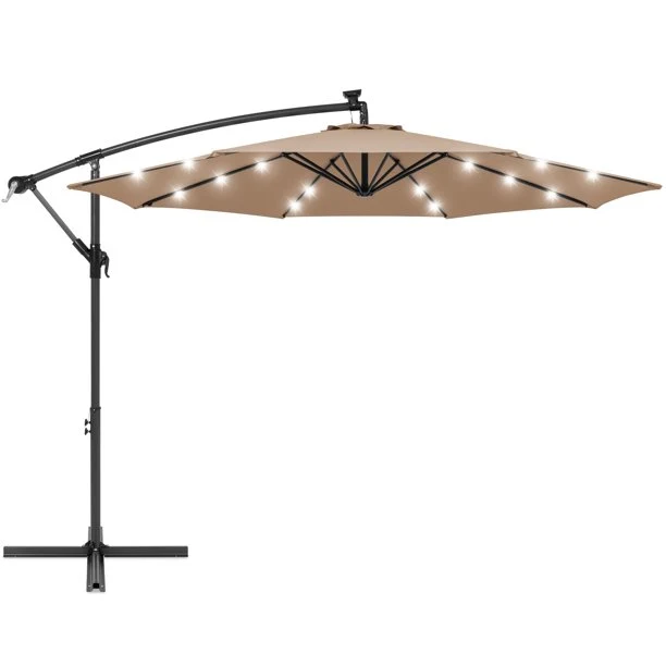 SUGIFT 10ft Solar LED Offset Hanging Outdoor Market Patio Umbrella w/ Easy Tilt Adjustment - Tan