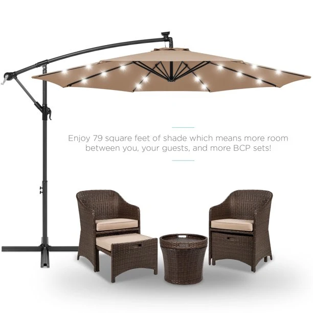 SUGIFT 10ft Solar LED Offset Hanging Outdoor Market Patio Umbrella w/ Easy Tilt Adjustment - Tan