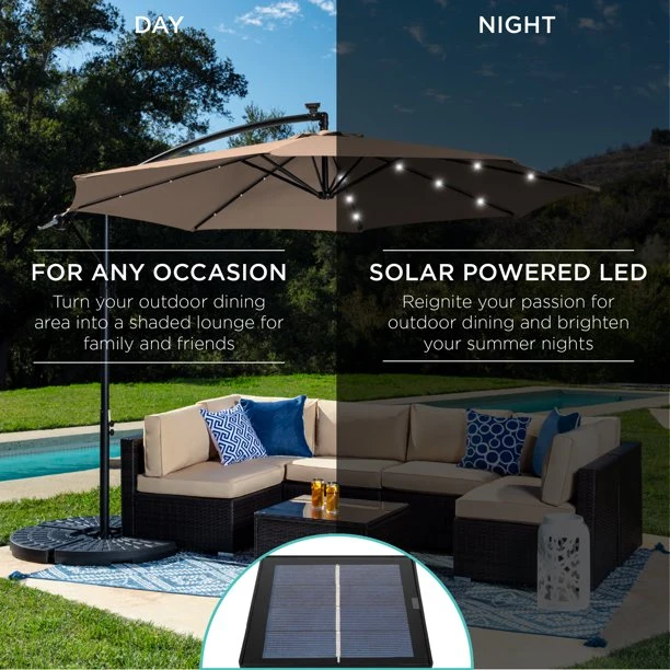 SUGIFT 10ft Solar LED Offset Hanging Outdoor Market Patio Umbrella w/ Easy Tilt Adjustment - Tan