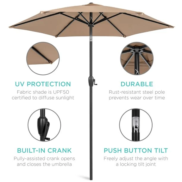 SUGIFT 7.5ft Heavy-Duty Outdoor Market Patio Umbrella w/ Push Button Tilt, Easy Crank Lift, Tan