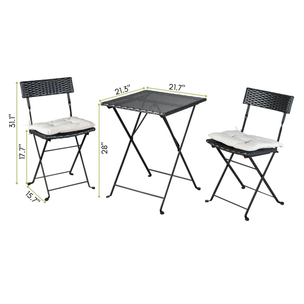 SUGIFT Folding Bistro Set One Table With Two Chairs And Two Beige Cushion Patio Beach Pool Black PE Wicker