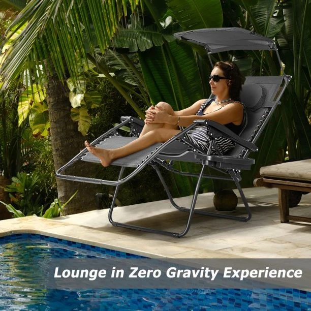 Folding Recliner Lounge Chair with Shade Canopy Cup Holder For Beach Swimming Pool Garden