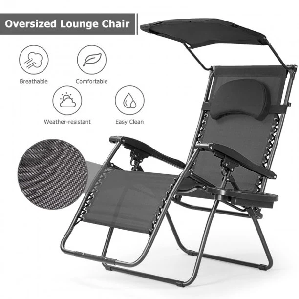Folding Recliner Lounge Chair with Shade Canopy Cup Holder For Beach Swimming Pool Garden