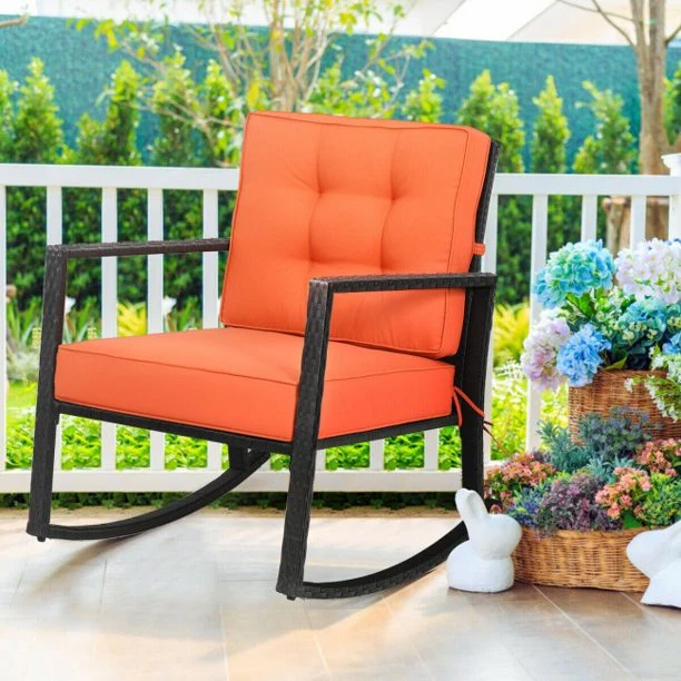 Rocking Chair Patio Rattan Lounge Chair With Sponge Cushion Rocker For Outdoor Patio Indoor And Back Pad