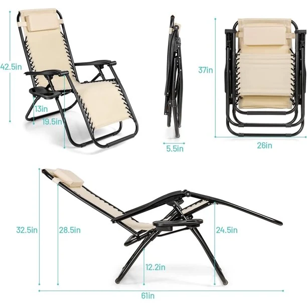 SUGIFT 2PC Zero Gravity Chairs Folding Portable Lounge Chair, Khaki