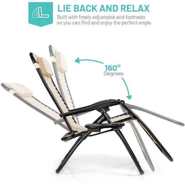SUGIFT 2PC Zero Gravity Chairs Folding Portable Lounge Chair, Khaki