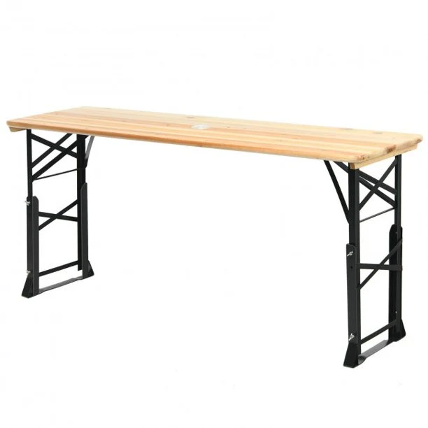 66.5 Inch Folding Table Wood Portable Foldable Picnic Desk With Adjustable Heights and Umbrella Hole