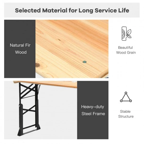 66.5 Inch Folding Table Wood Portable Foldable Picnic Desk With Adjustable Heights and Umbrella Hole