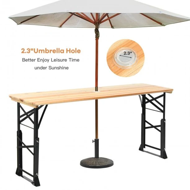 66.5 Inch Folding Table Wood Portable Foldable Picnic Desk With Adjustable Heights and Umbrella Hole