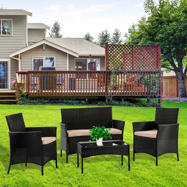 SUGIFT 4 Pieces Patio Rattan Conversation Set, Black/Beige