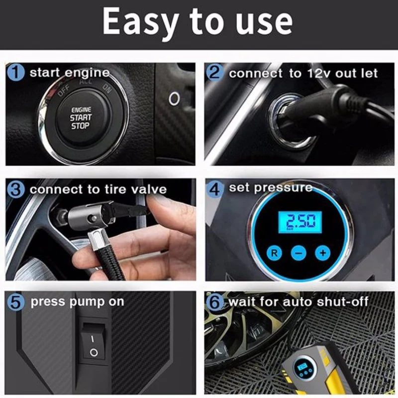 SUGIFT Tire Inflator Portable Air Compressor, 12V DC Air Pump for Car Tires with Digital Pressure Gauge 150psi and Emergency Led Light