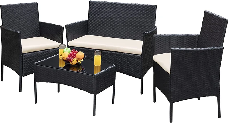 SUGIFT Patio Furniture 4 Pieces Conversation Sets Outdoor Wickerr Rattan Chairs Garden Backyard Balcony Porch Poolside loveseat with Soft Cushion and Glass Table, Black