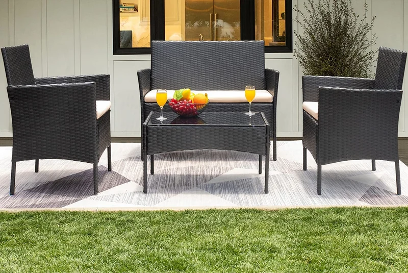 SUGIFT Patio Furniture 4 Pieces Conversation Sets Outdoor Wickerr Rattan Chairs Garden Backyard Balcony Porch Poolside loveseat with Soft Cushion and Glass Table, Black