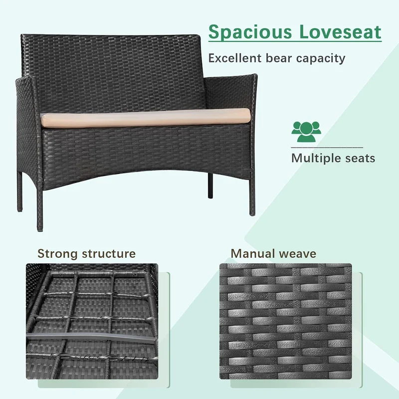 SUGIFT Patio Furniture 4 Pieces Conversation Sets Outdoor Wickerr Rattan Chairs Garden Backyard Balcony Porch Poolside loveseat with Soft Cushion and Glass Table, Black