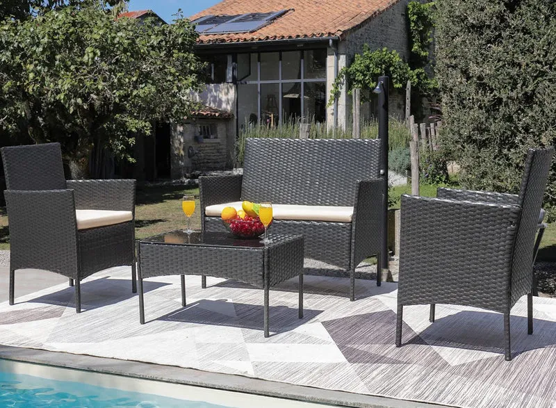 SUGIFT Patio Furniture 4 Pieces Conversation Sets Outdoor Wickerr Rattan Chairs Garden Backyard Balcony Porch Poolside loveseat with Soft Cushion and Glass Table, Black