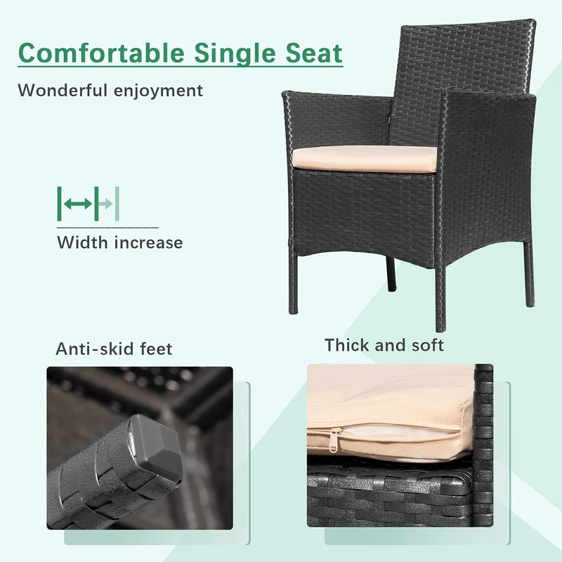 SUGIFT Patio Furniture 4 Pieces Conversation Sets Outdoor Wickerr Rattan Chairs Garden Backyard Balcony Porch Poolside loveseat with Soft Cushion and Glass Table, Black