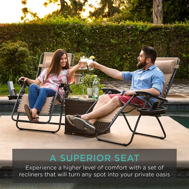 SUGIFT 2 Pack Lounge Chair Recliners for Patio Adjustable Zero Gravity Folding Reclining Lounge Chair with Pillow/Cup Holders,Beige