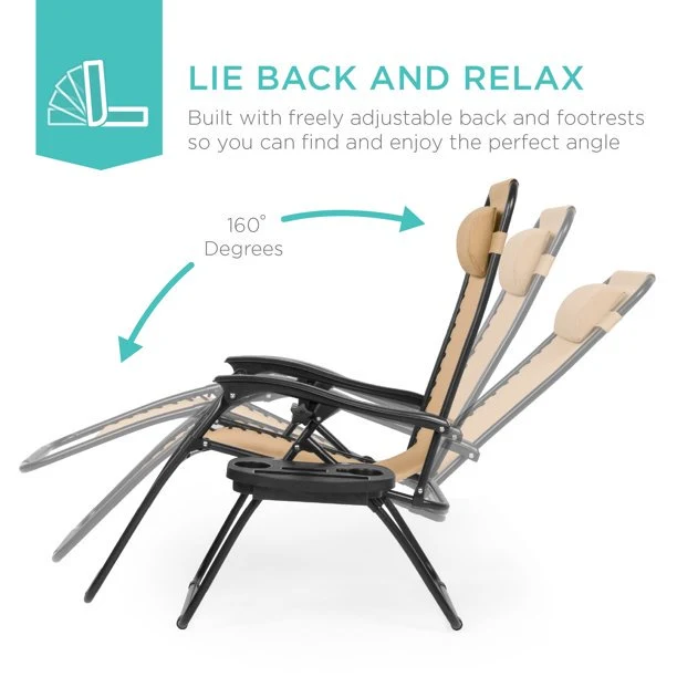 SUGIFT 2 Pack Lounge Chair Recliners for Patio Adjustable Zero Gravity Folding Reclining Lounge Chair with Pillow/Cup Holders,Beige