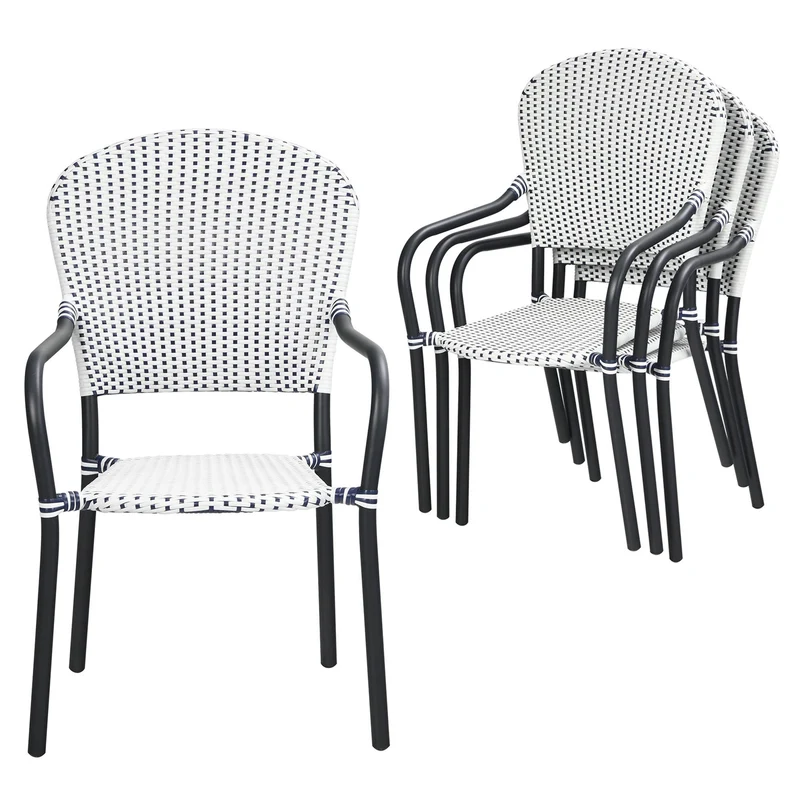 SUGIFT Patio Wicker Rattan Dining Chairs Set of 4 White Blue