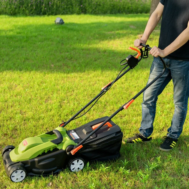 SUGIFT 14-Inch Electric Push Lawn Mower with Folding Handle,12 Amp Lawn Dethatcher,Green