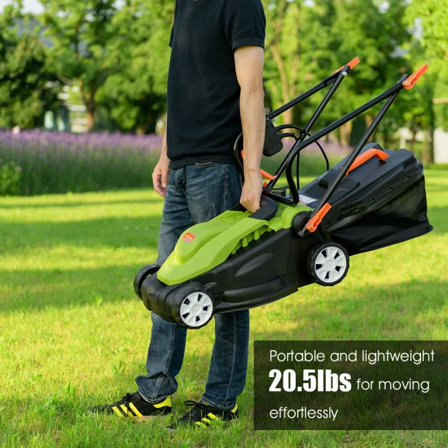 SUGIFT 14-Inch Electric Push Lawn Mower with Folding Handle,12 Amp Lawn Dethatcher,Green
