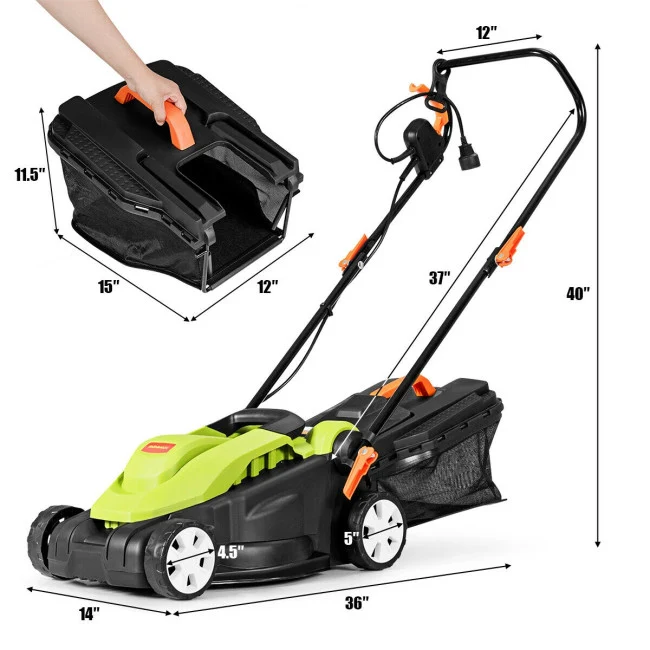SUGIFT 14-Inch Electric Push Lawn Mower with Folding Handle,12 Amp Lawn Dethatcher,Green