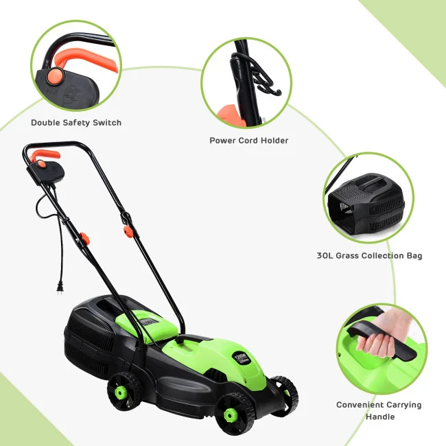 SUGIFT 14 Inch Electric Lawn Corded Mower with 30L Grass Bag,Green
