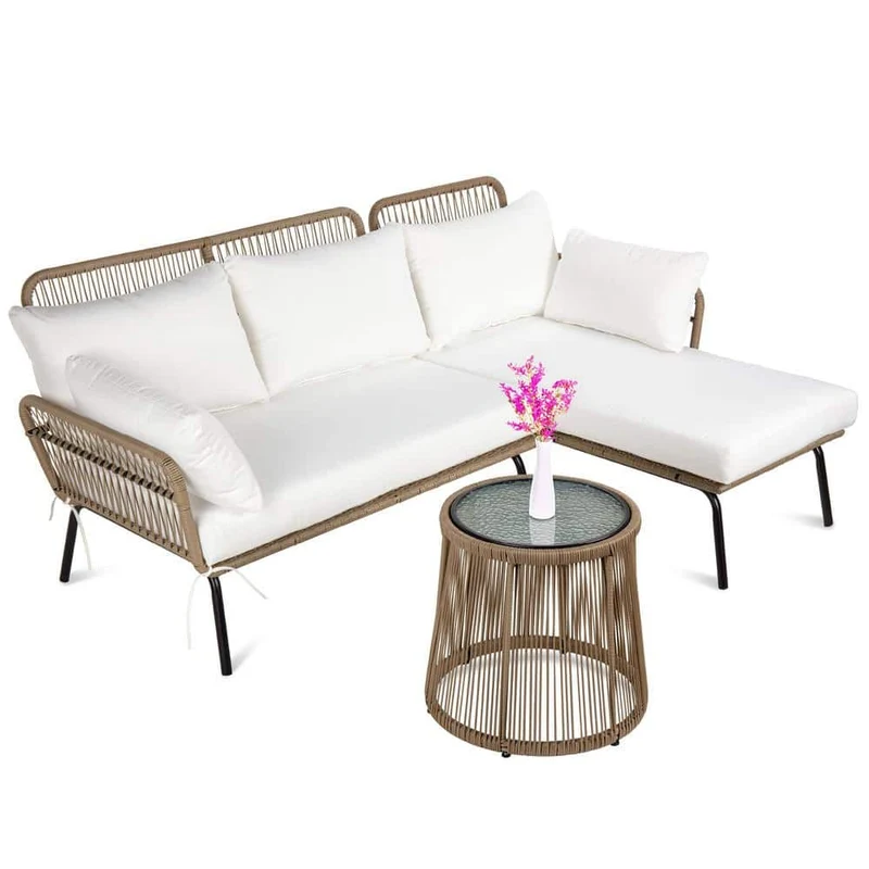 Beige 3-Piece Wicker Rattan Outdoor Patio Sectional Set with White Cushions and Table