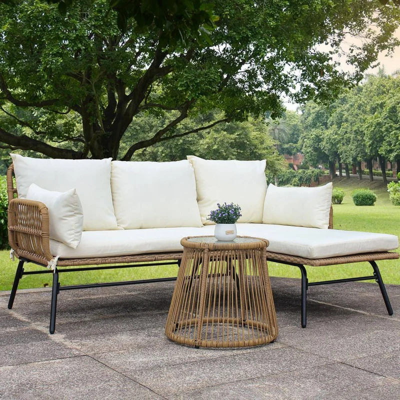 Beige 3-Piece Wicker Rattan Outdoor Patio Sectional Set with White Cushions and Table