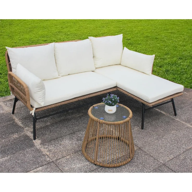Beige 3-Piece Wicker Rattan Outdoor Patio Sectional Set with White Cushions and Table
