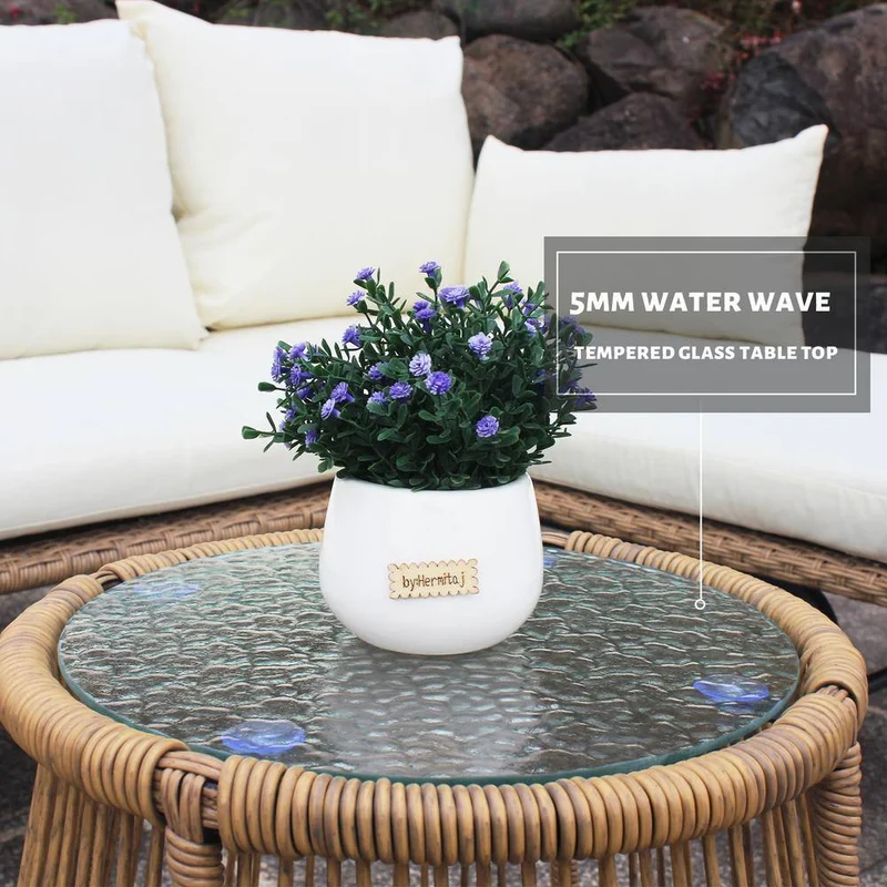 Beige 3-Piece Wicker Rattan Outdoor Patio Sectional Set with White Cushions and Table
