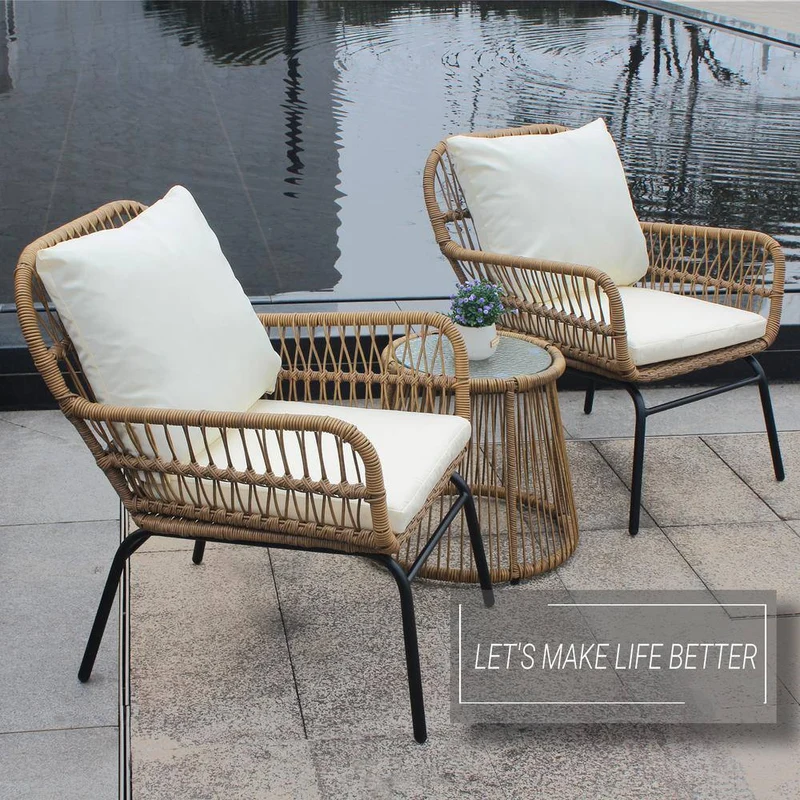 3-Piece Wicker Outdoor Patio Conversation Seating Set with Beige Cushions