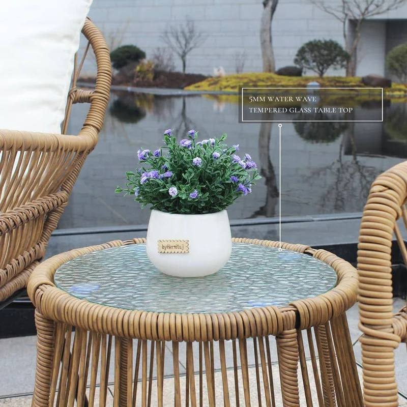 3-Piece Wicker Outdoor Patio Conversation Seating Set with Beige Cushions