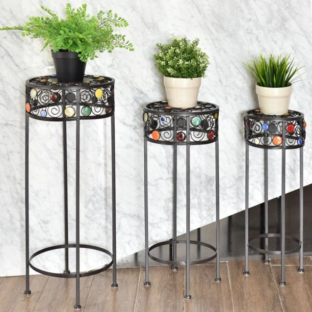 SUGIFT Plant Stand Storage 3 Pieces Round Display Ceramic Beads Metal Plant Stand
