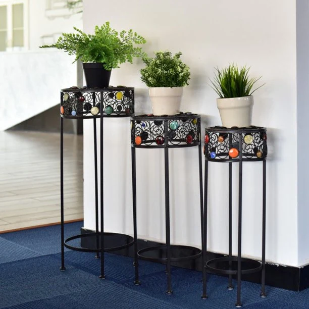 SUGIFT Plant Stand Storage 3 Pieces Round Display Ceramic Beads Metal Plant Stand