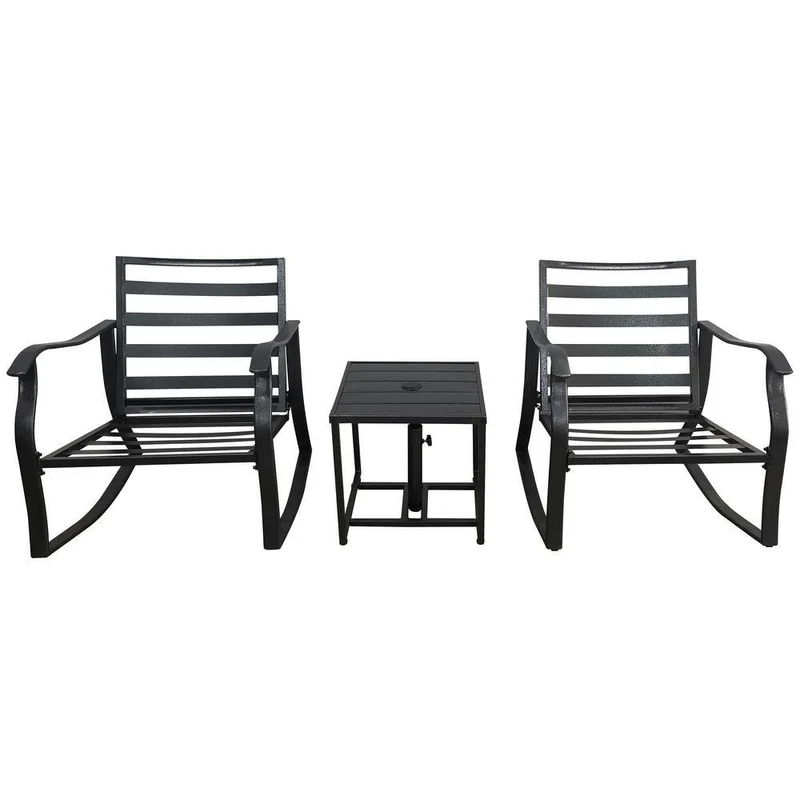 Black 3-Piece Metal Patio Conversation Set with Beige Cushion