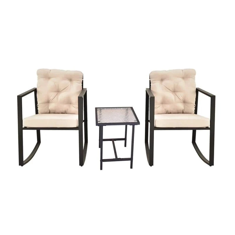 3-Piece Metal Patio Conversation Sets with Rocking Chair and Beige Cushion