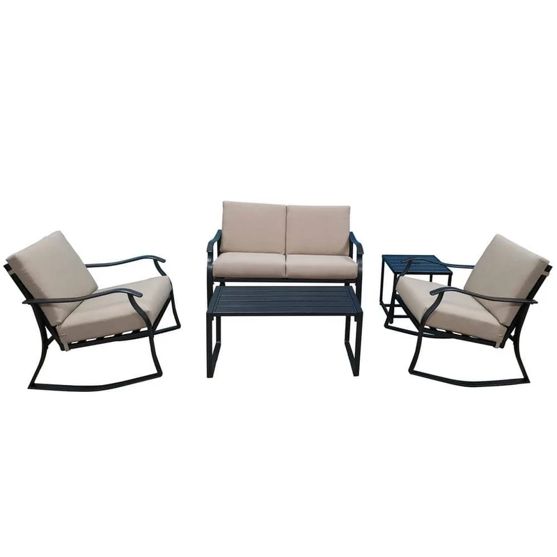 Black 5-Piece Steel Furniture Set Outdoor Patio Conversation Set with Gray Cushions