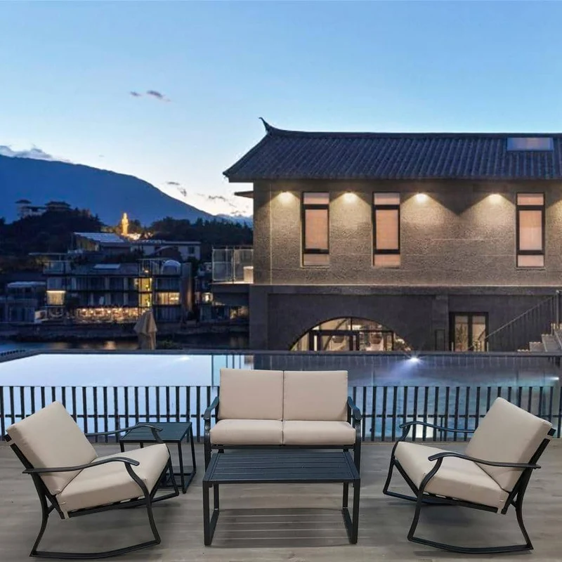 Black 5-Piece Steel Furniture Set Outdoor Patio Conversation Set with Gray Cushions