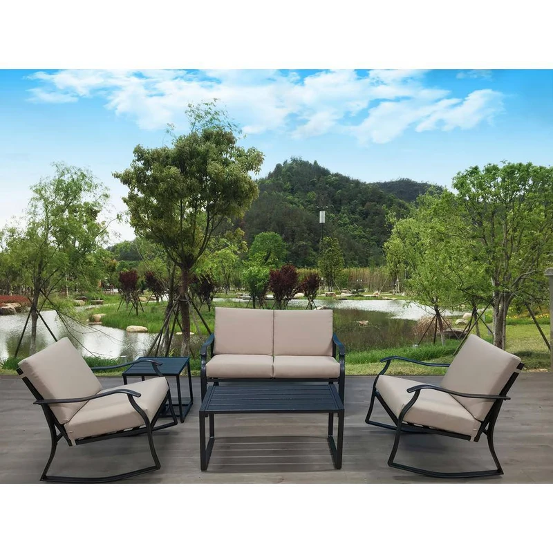 Black 5-Piece Steel Furniture Set Outdoor Patio Conversation Set with Gray Cushions